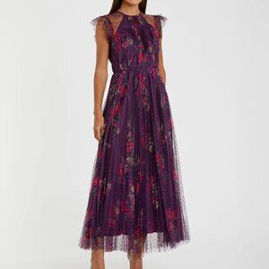 Purple Floral Flutter Sleeve Midi Dress- size S fits US 10/12
